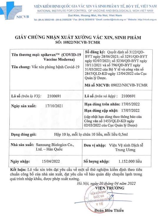 Hạn d&ugrave;ng l&ocirc; vaccine đ&atilde; được cập nhật tại Giấy chứng nhận xuất xưởng vaccine, sinh phẩm của Viện Kiểm định Quốc gia Vaccine v&agrave; sinh phẩm y tế ng&agrave;y 20/4/2022. Ảnh - Sở Y tế TP. HCM.&nbsp;