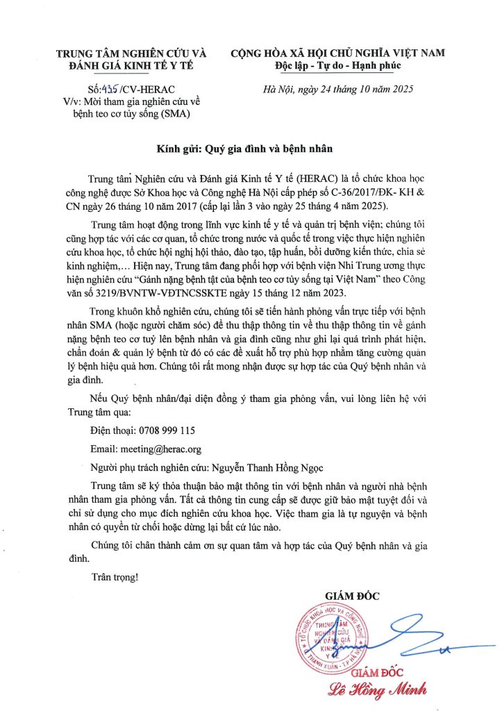 HERAC triển khai nghiên cứu về bệnh Teo cơ tủy sống tại Việt Nam (SMA ...